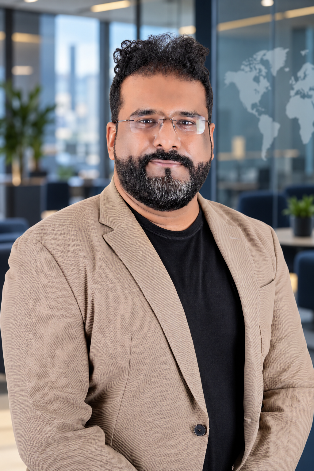 Tinu Thomas in a modern office setting with a world map behind him